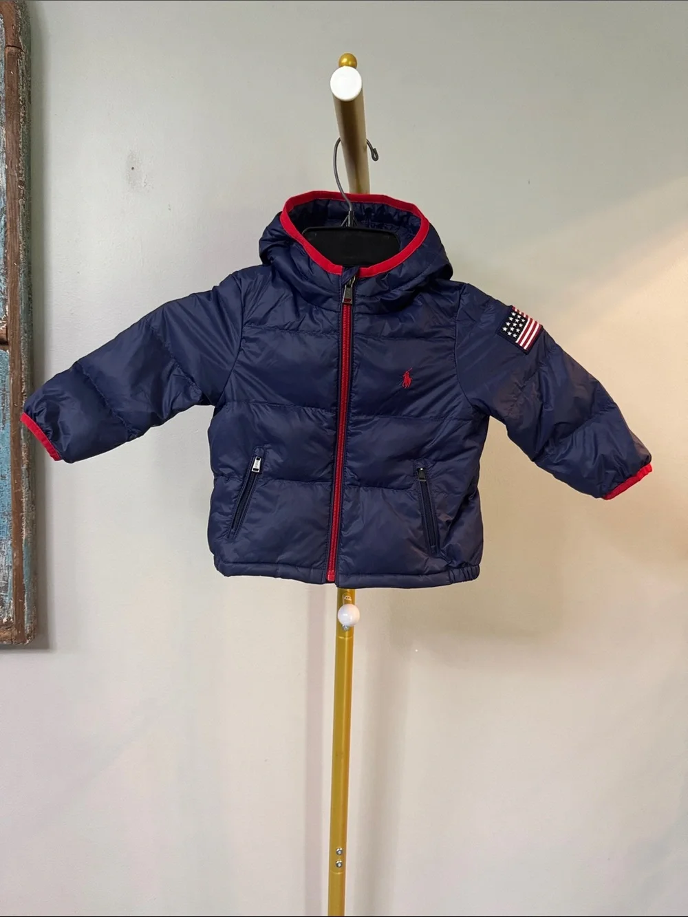 Ralph Lauren Navy Puffer Jacket with Red Accents EUC 18 months